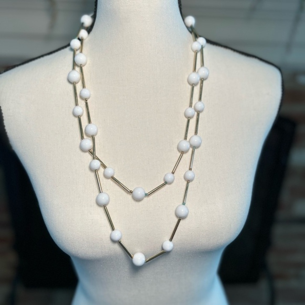 Vintage Gold Tone Bar Necklace with Milk White Round Glass Beads 28”